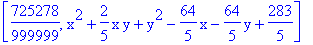 [725278/999999, x^2+2/5*x*y+y^2-64/5*x-64/5*y+283/5]